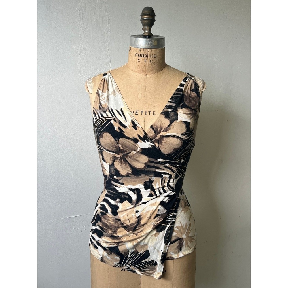 Cache Tropical Floral Zebra Print Wrap Top Sleeveless Tan Black Small